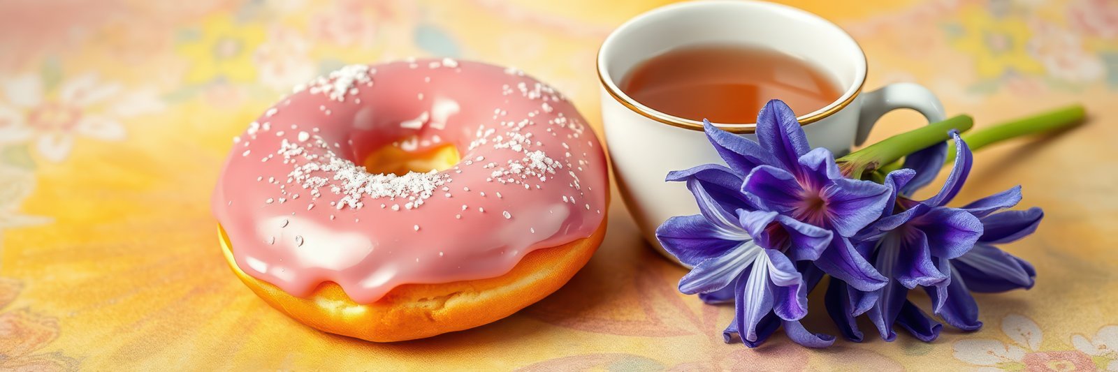 Bright pink frosted donut with lavender flowers and cup of tea on floral background in a cozy setting